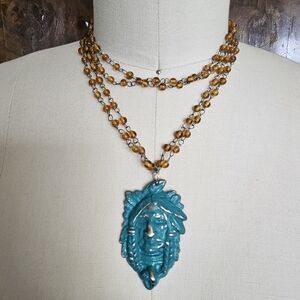 Bohemian Amber Color and Turquoise Painted Necklace